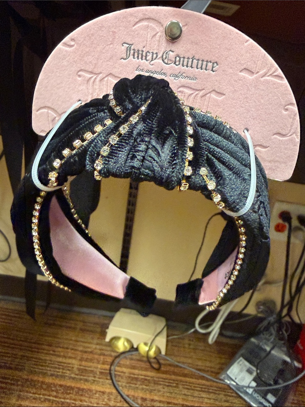 Juicy Couture Black Velvet Knotted Headband with Gold Rhinestones